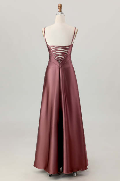 Satin A Line Coffee Corset Lace Up Back Maxi Bridesmaid Dress
