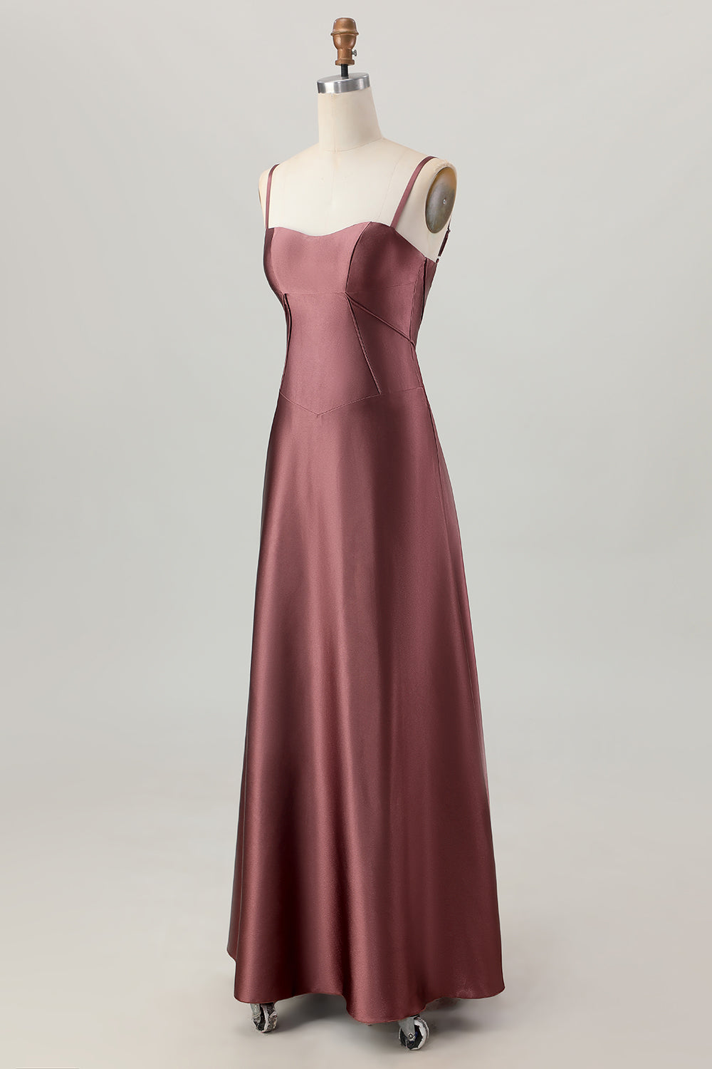 Satin A Line Coffee Corset Lace Up Back Maxi Bridesmaid Dress