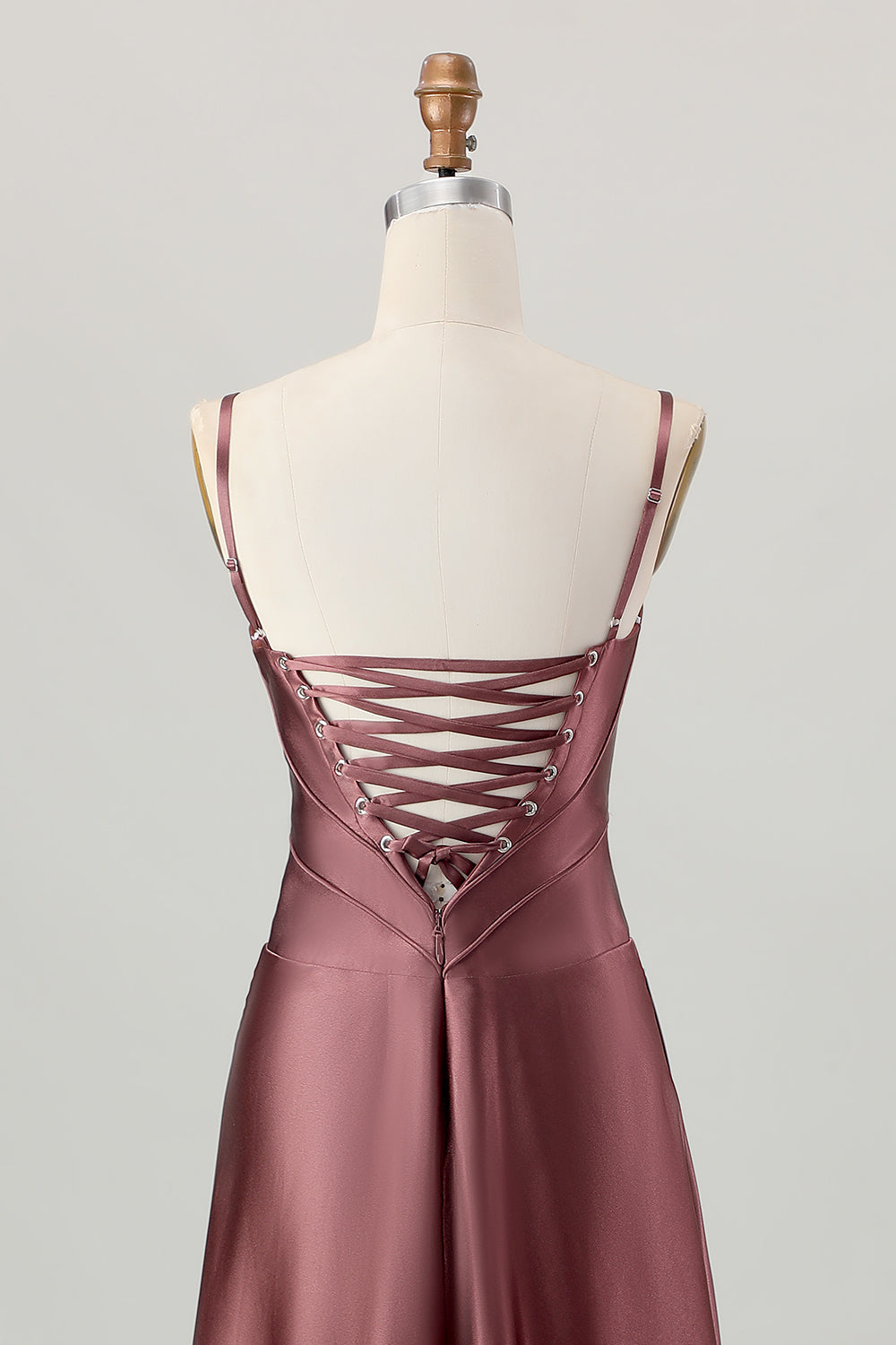 Satin A Line Coffee Corset Lace Up Back Maxi Bridesmaid Dress
