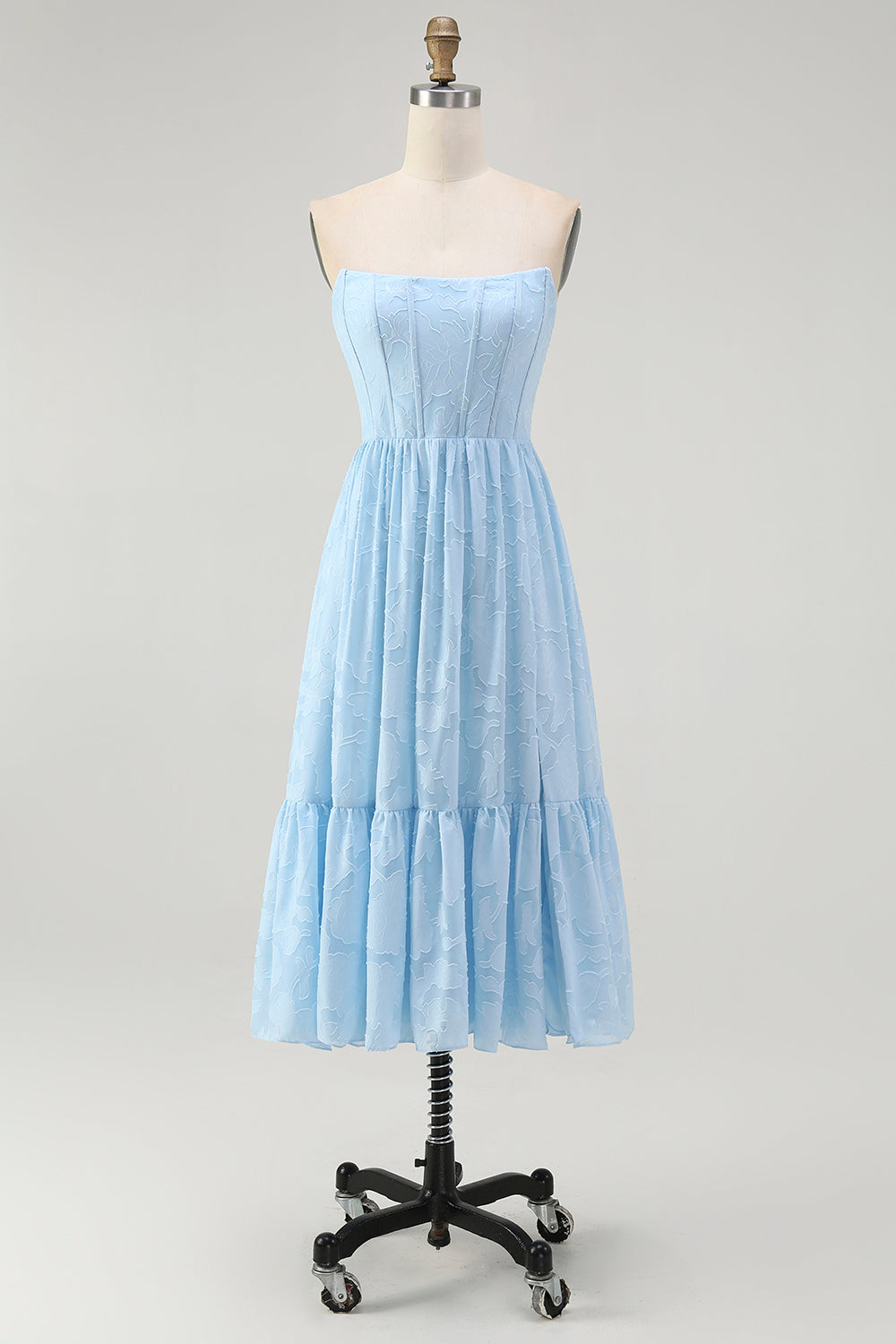 Sky Blue Corset A Line Strapless Midi Bridesmaid Dress