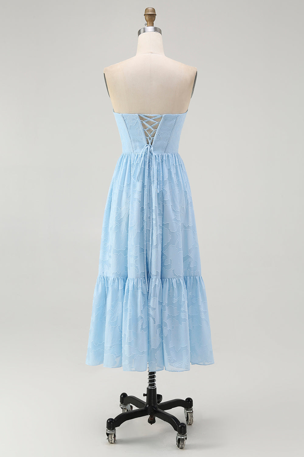 Sky Blue Corset A Line Strapless Midi Bridesmaid Dress