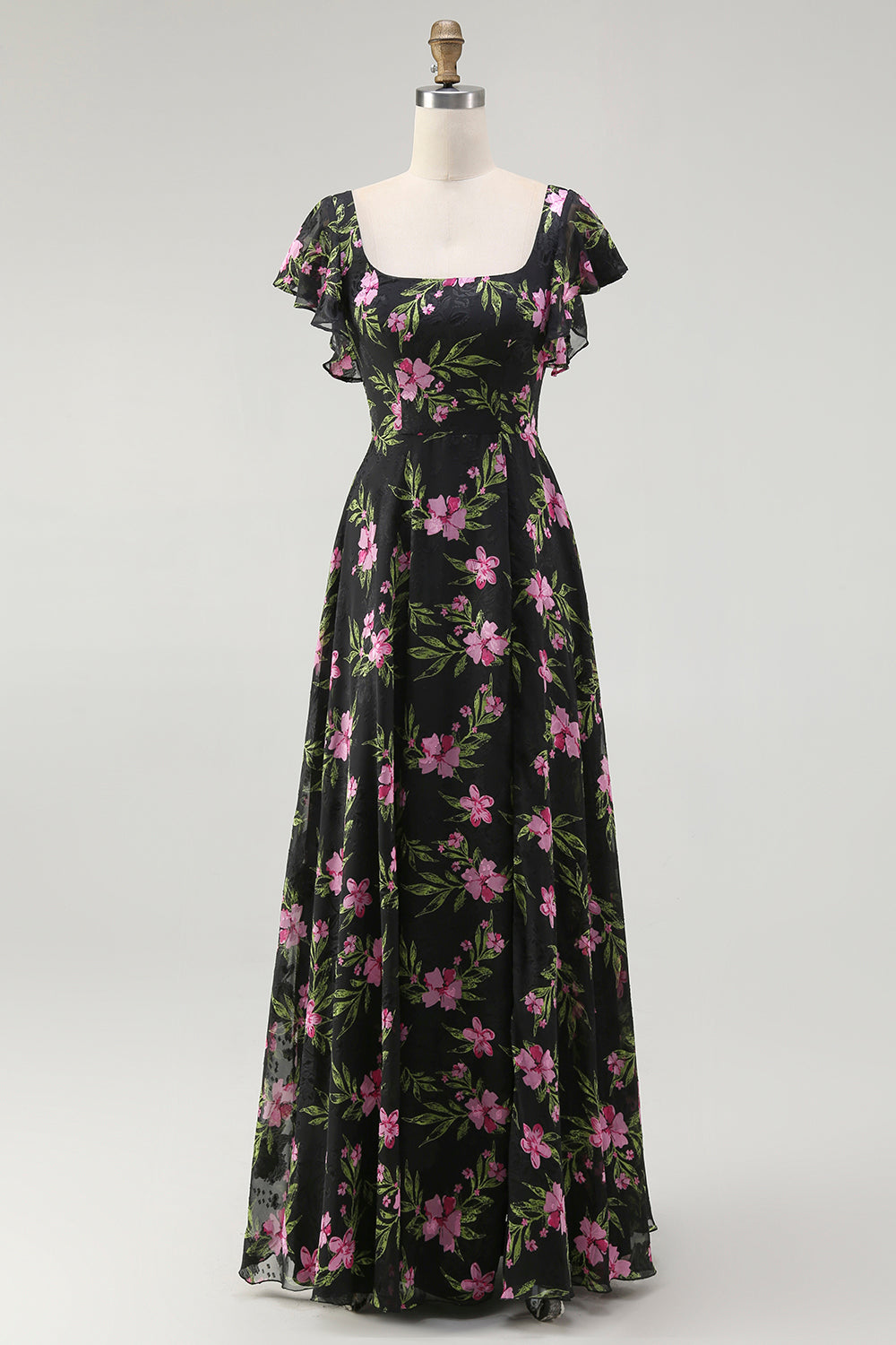 Black Pink Chiffon Maxi Floral Bridesmaid Dress with Sleeves