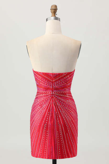 Sparkly Red Strapless Beaded Short Tight Homecoming Dress with Slit