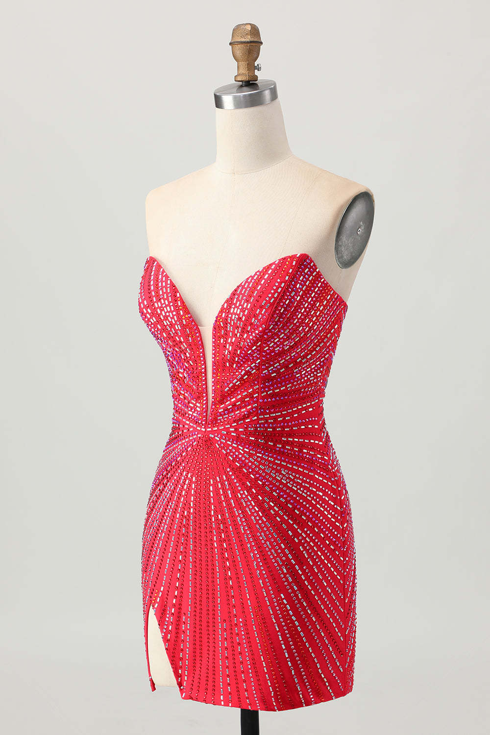 Sparkly Red Strapless Beaded Short Tight Homecoming Dress with Slit