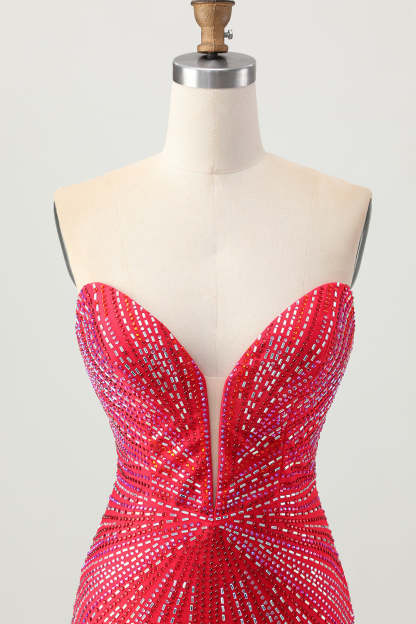 Sparkly Red Strapless Beaded Short Tight Homecoming Dress with Slit