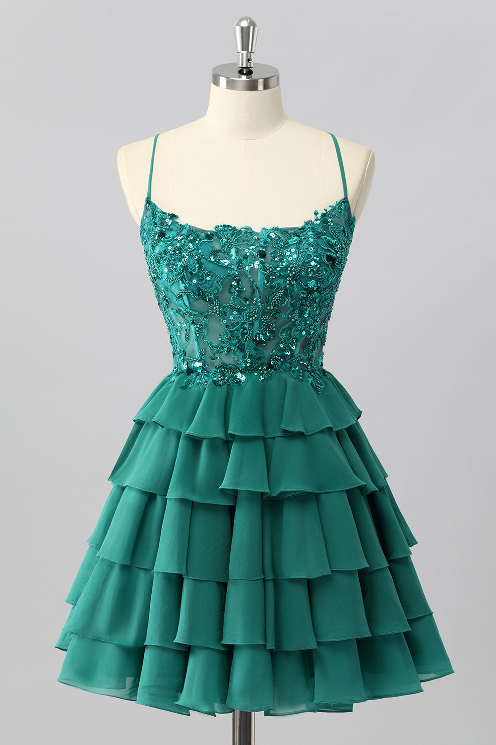 Dark Green Corset Short Tiered Sparkly Homecoming Dress with Beading