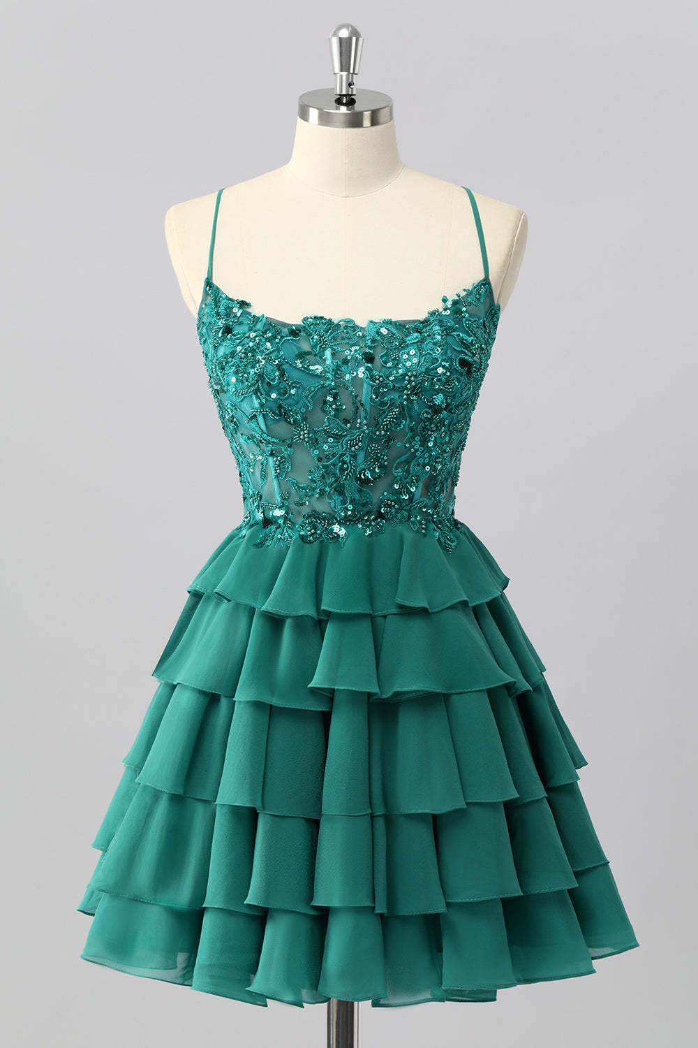 Leely Women Dark Green Corset Short Sparkly Tiered Homecoming Dress with Beading Spaghetti Straps A Line Cocktail Dress with Lace