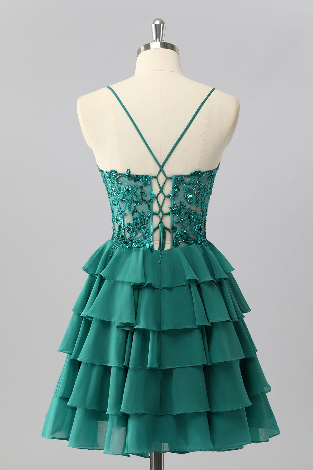 Dark Green Corset Short Tiered Sparkly Homecoming Dress with Beading