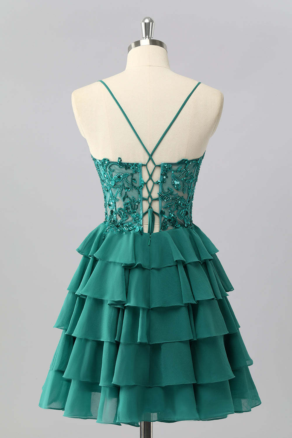 Dark Green Corset Short Tiered Sparkly Homecoming Dress with Beading