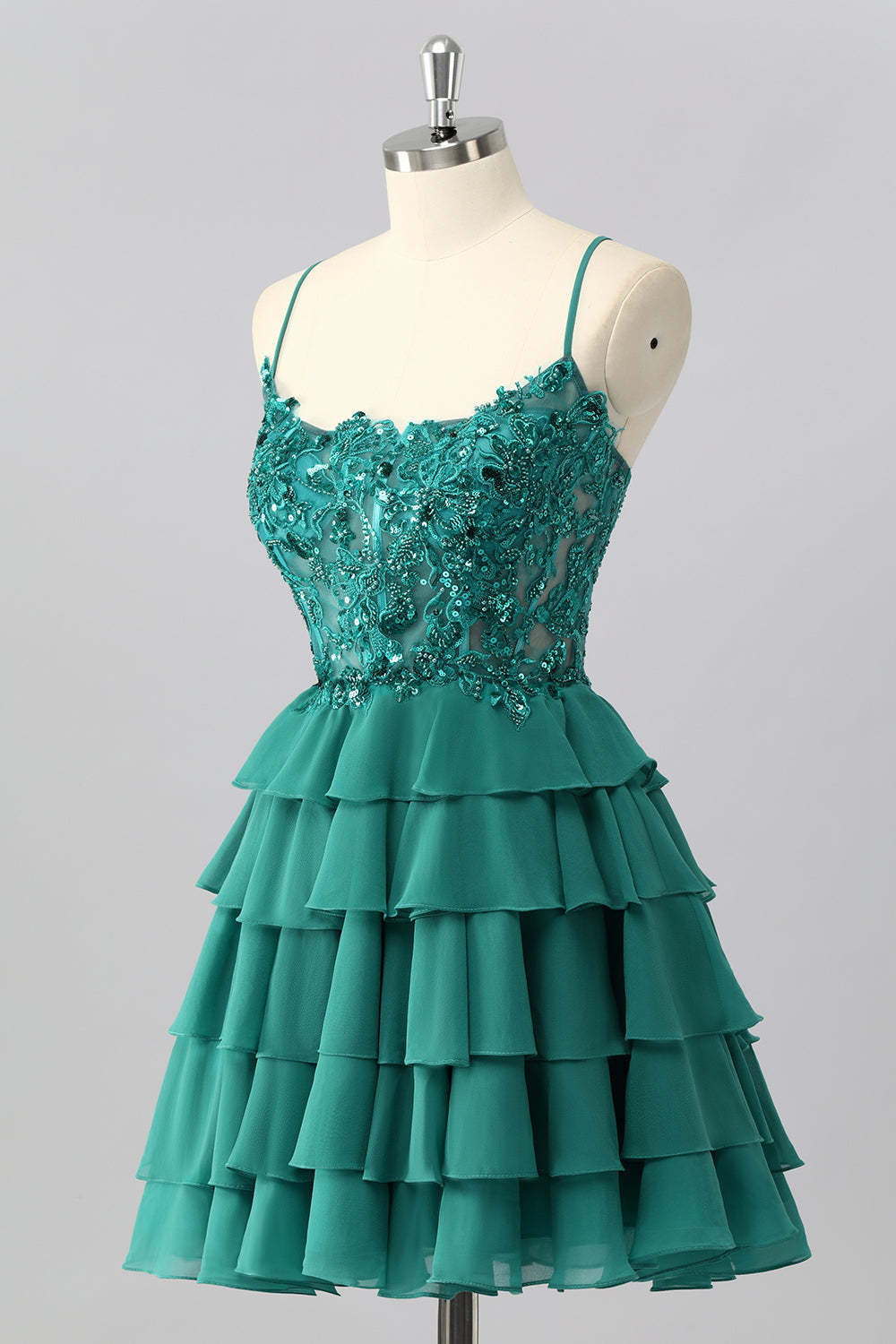 Dark Green Corset Short Tiered Sparkly Homecoming Dress with Beading