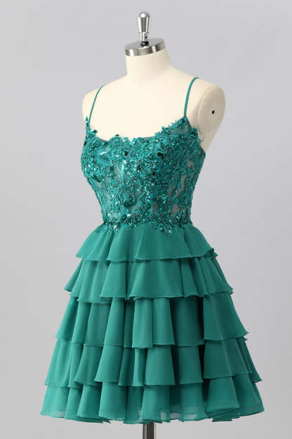 Dark Green Corset Short Tiered Sparkly Homecoming Dress with Beading