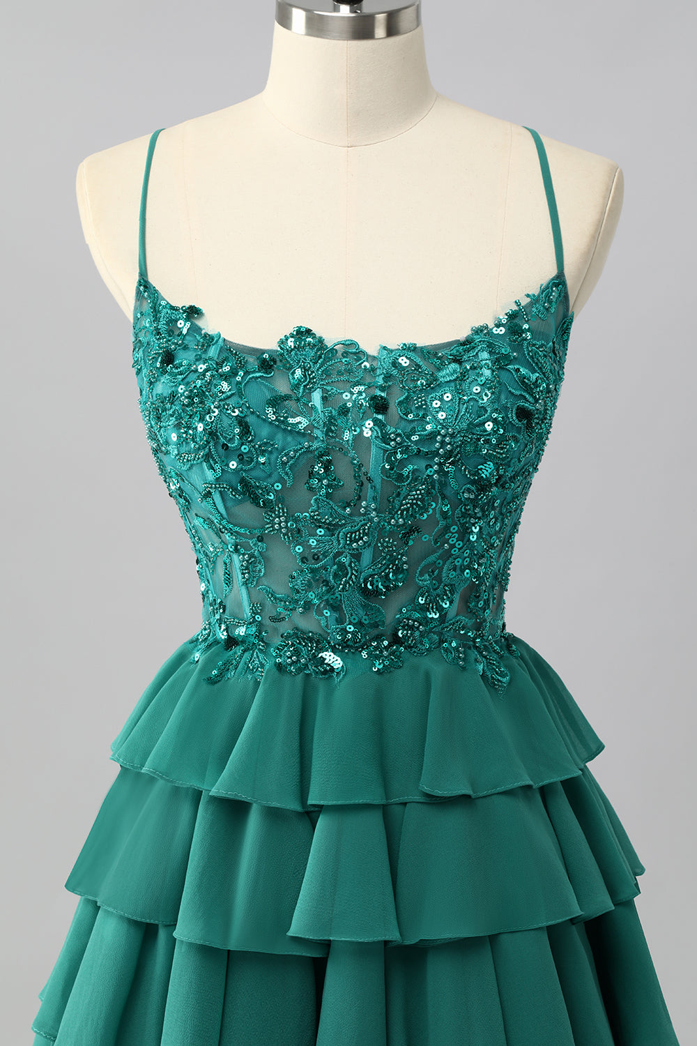 Dark Green Corset Short Tiered Sparkly Homecoming Dress with Beading