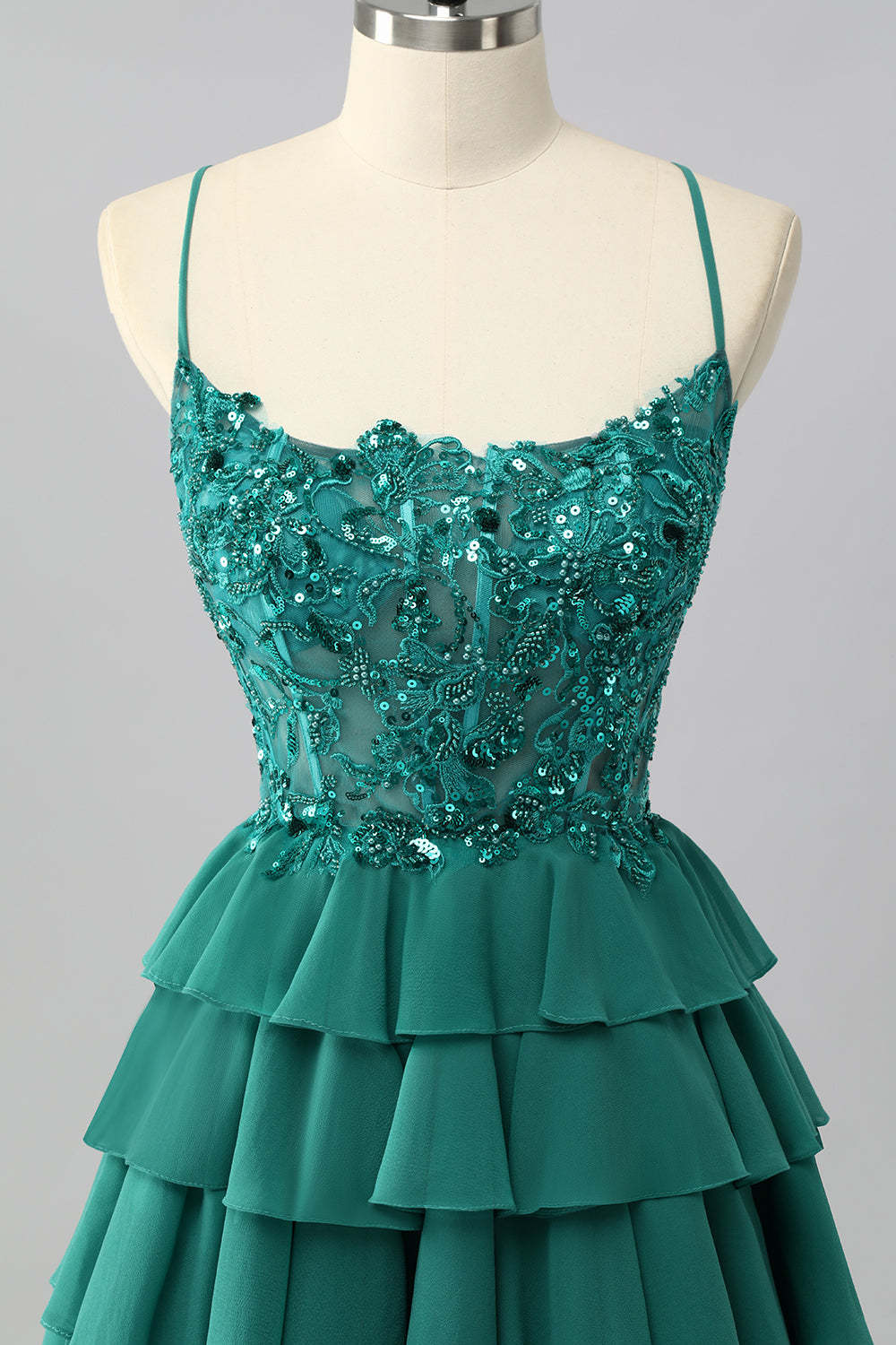 Dark Green Corset Short Tiered Sparkly Homecoming Dress with Beading