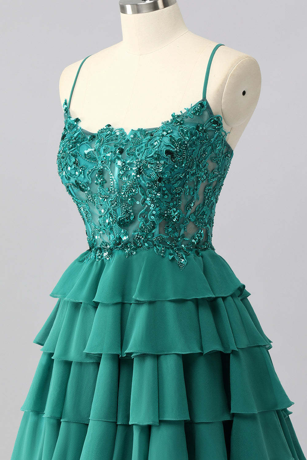 Dark Green Corset Short Tiered Sparkly Homecoming Dress with Beading