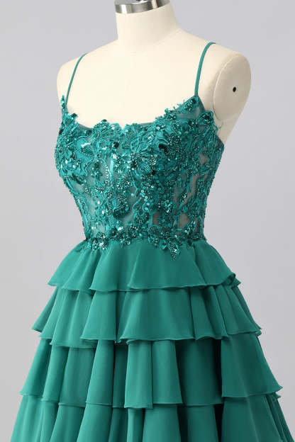 Dark Green Corset Short Tiered Sparkly Homecoming Dress with Beading
