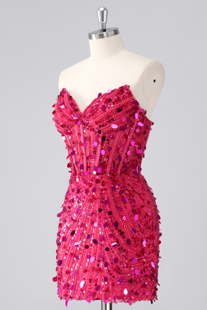 Sparkly Sequins Fuchsia Corset Bodycon Sweetheart Short Homecoming Dress