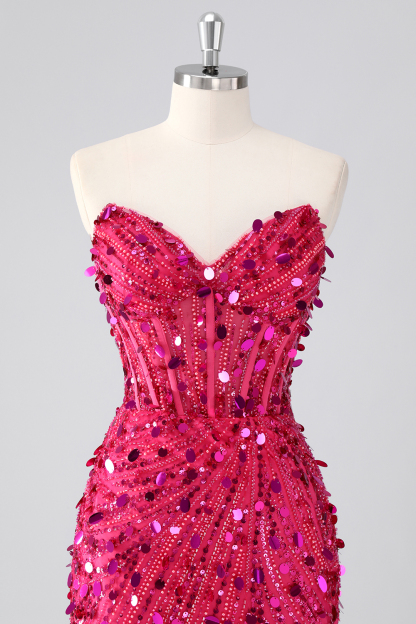 Sparkly Sequins Fuchsia Corset Bodycon Sweetheart Short Homecoming Dress