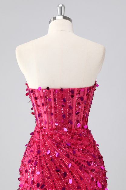 Sparkly Sequins Fuchsia Corset Bodycon Sweetheart Short Homecoming Dress