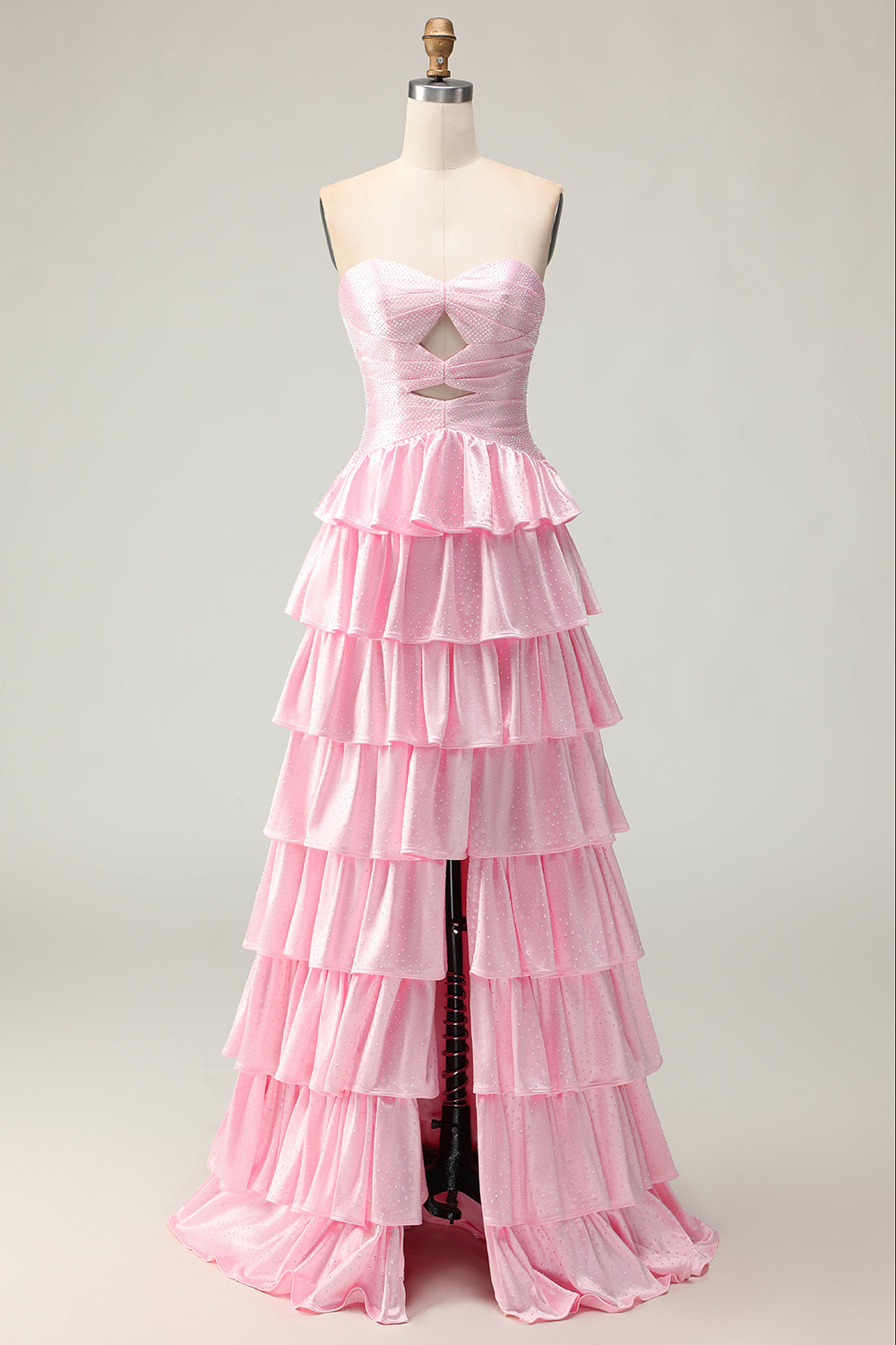 Leely Women Sparkly Pink Ruffled Maxi Prom Dress with Beading Strapless  Tiered A Line Lace Up