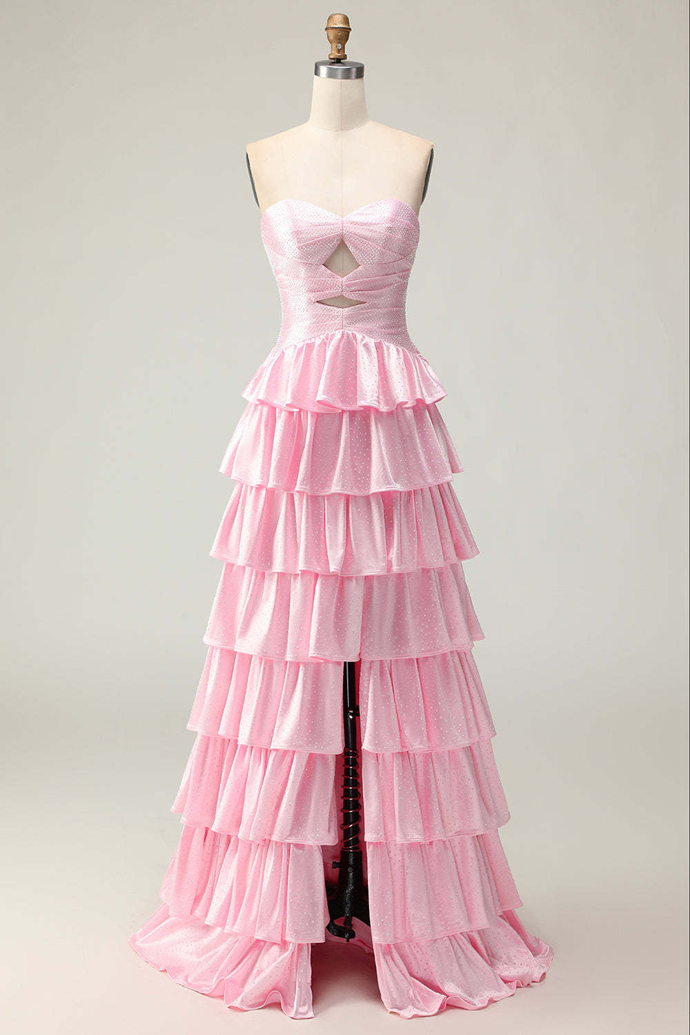 Leely Women Sparkly Pink Ruffled Maxi Prom Dress with Beading Strapless Tiered A Line Lace Up Back Formal Dress with Slit