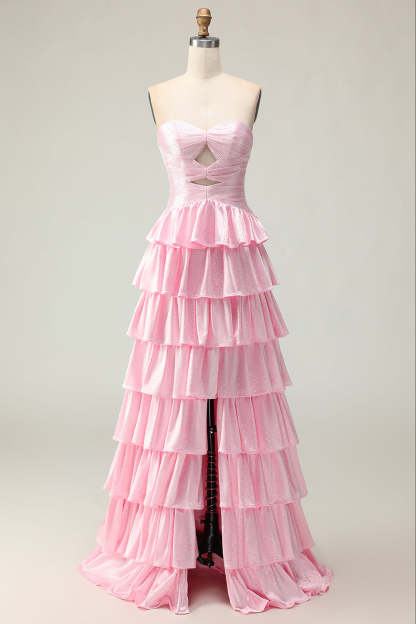 Leely Women Sparkly Pink Ruffled Maxi Prom Dress with Beading Strapless Tiered A Line Lace Up Back Formal Dress with Slit