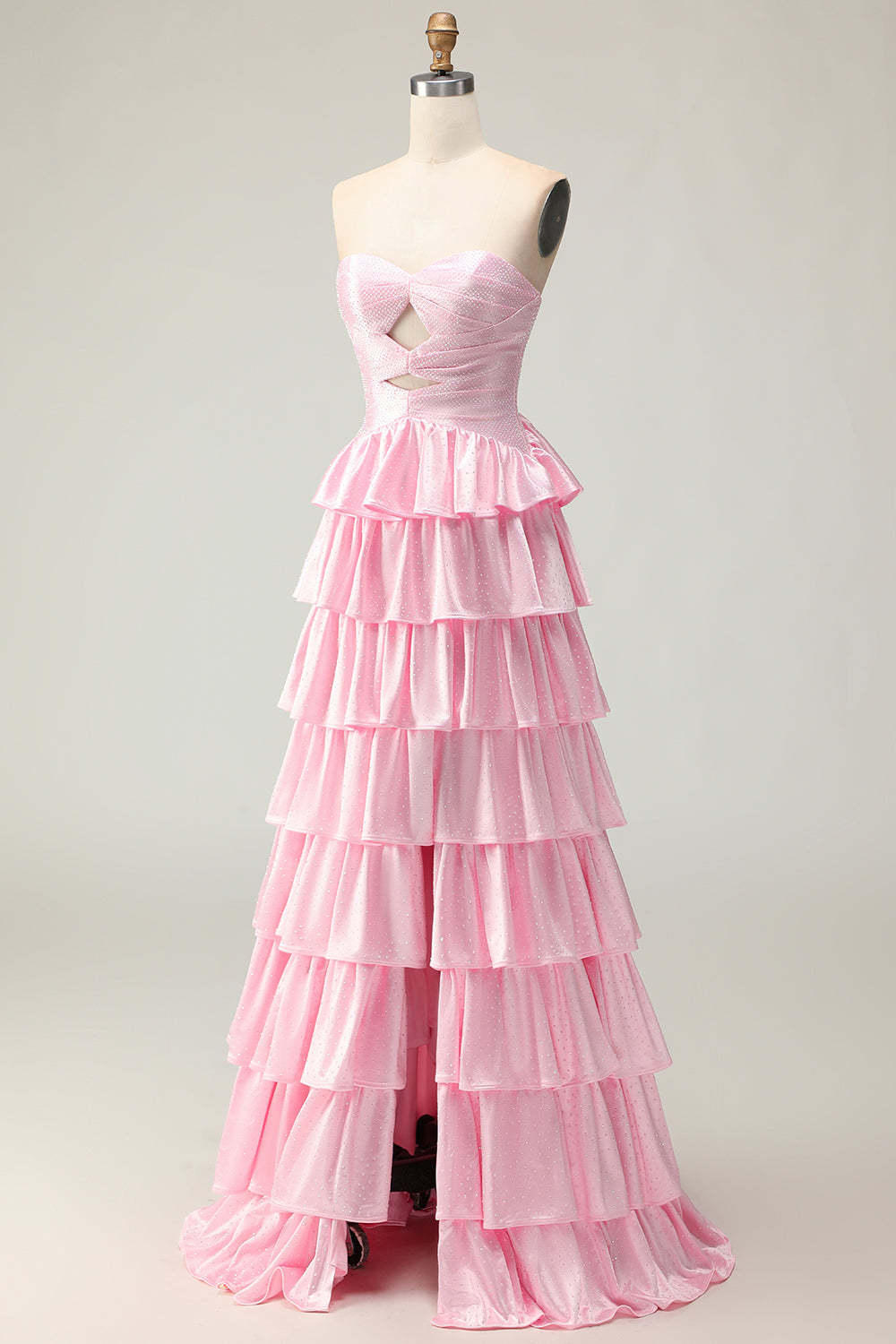 Sparkly Pink Ruffled Strapless Maxi Prom Dress with Keyhole
