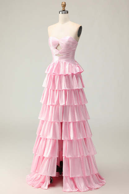 Sparkly Pink Ruffled Strapless Maxi Prom Dress with Keyhole