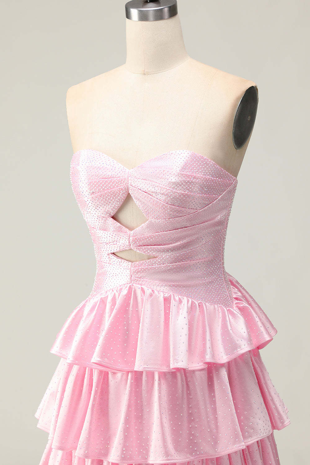 Sparkly Pink Ruffled Strapless Maxi Prom Dress with Keyhole