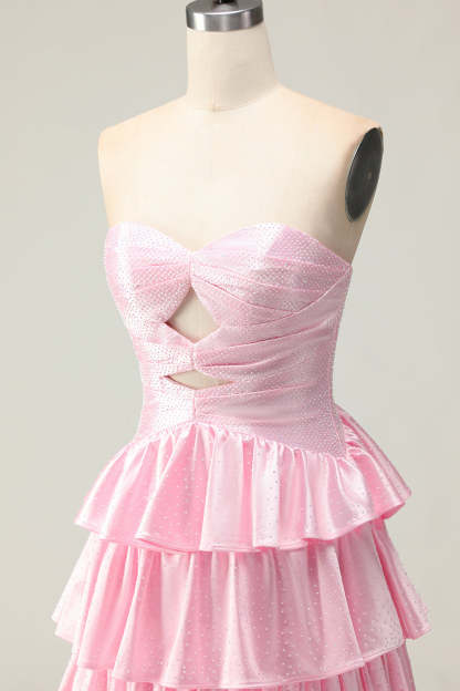 Sparkly Pink Ruffled Strapless Maxi Prom Dress with Keyhole
