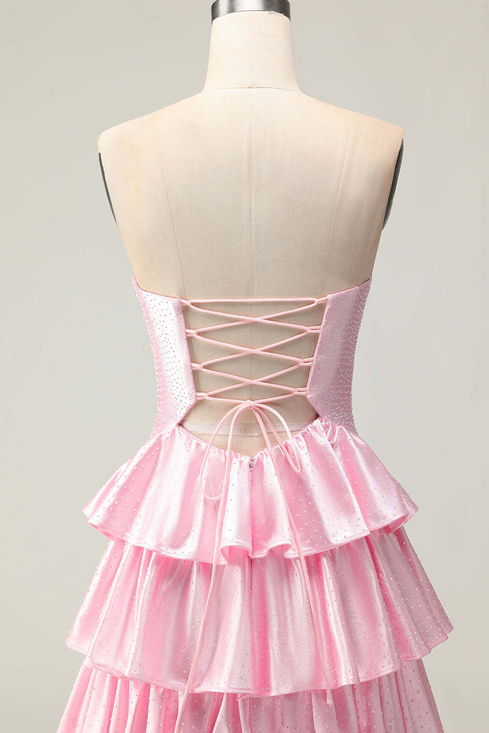 Sparkly Pink Ruffled Strapless Maxi Prom Dress with Keyhole