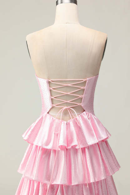 Sparkly Pink Ruffled Strapless Maxi Prom Dress with Keyhole