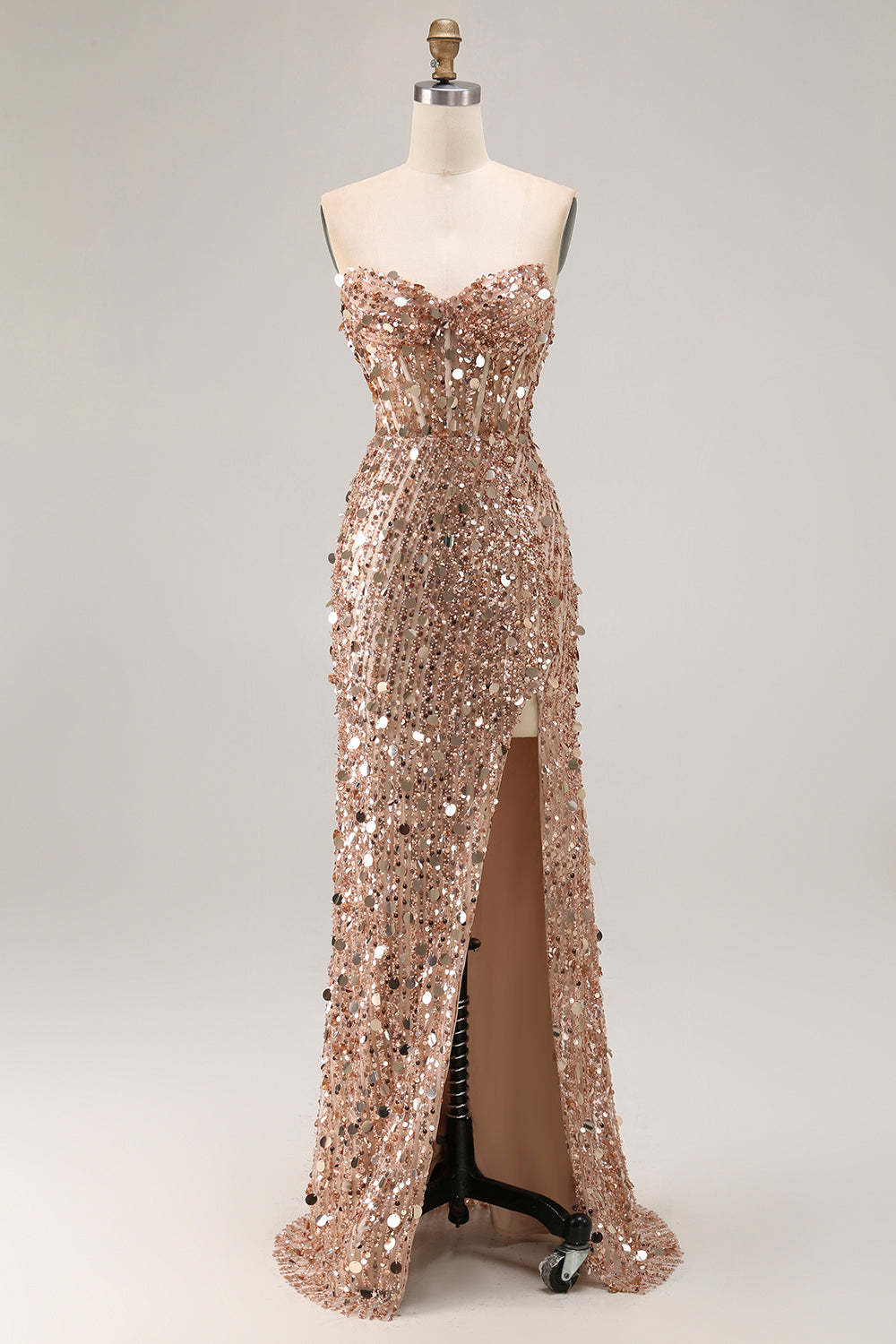 Golden Corset Sparkly Sequins Sweetheart Long Prom Dress with Slit