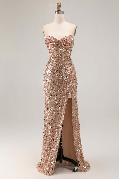 Golden Corset Sparkly Sequins Sweetheart Long Prom Dress with Slit
