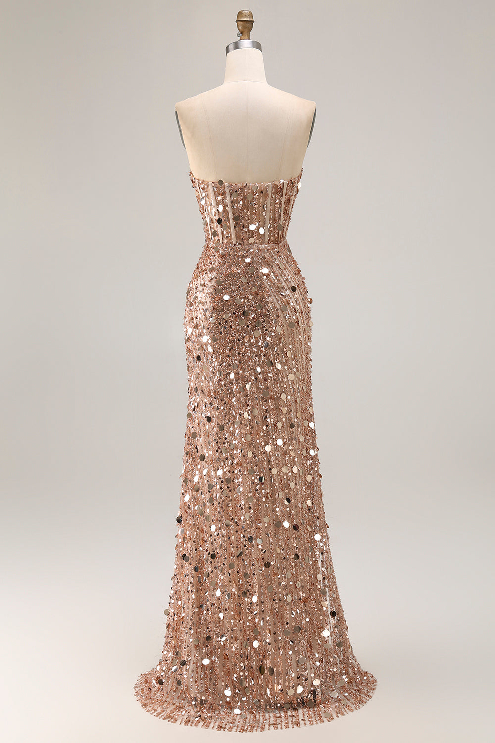 Sparkly Champagne Corset Sequins Sweetheart Long Prom Dress with Slit