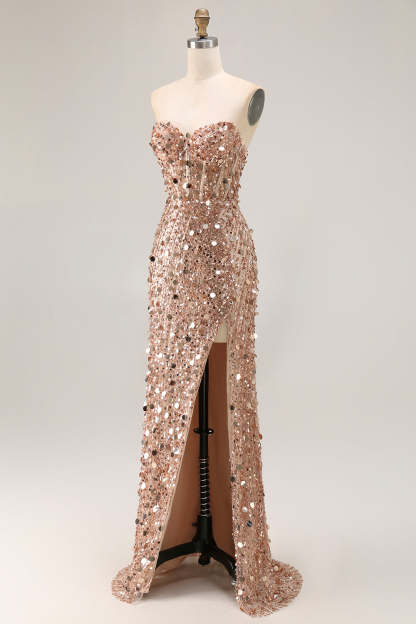 Golden Corset Sparkly Sequins Sweetheart Long Prom Dress with Slit