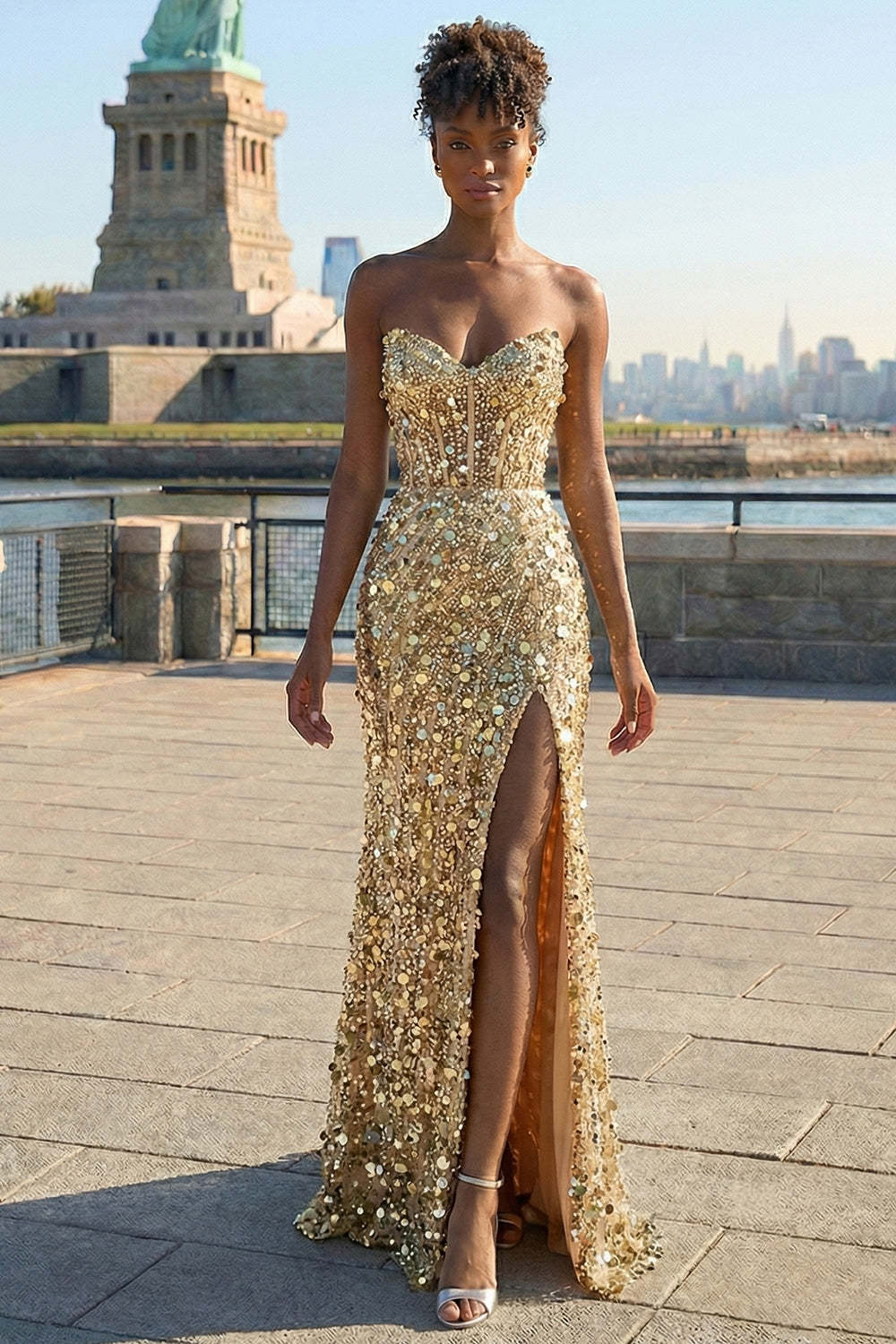 Leely Women Sparkly Golden Maxi Corset Prom Dress with Slit Sweetheart Sequin Gala Dress