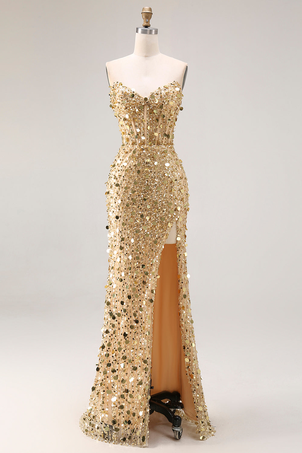 Sparkly Golden Sequin Sweetheart Maxi Corset Prom Dress with Slit
