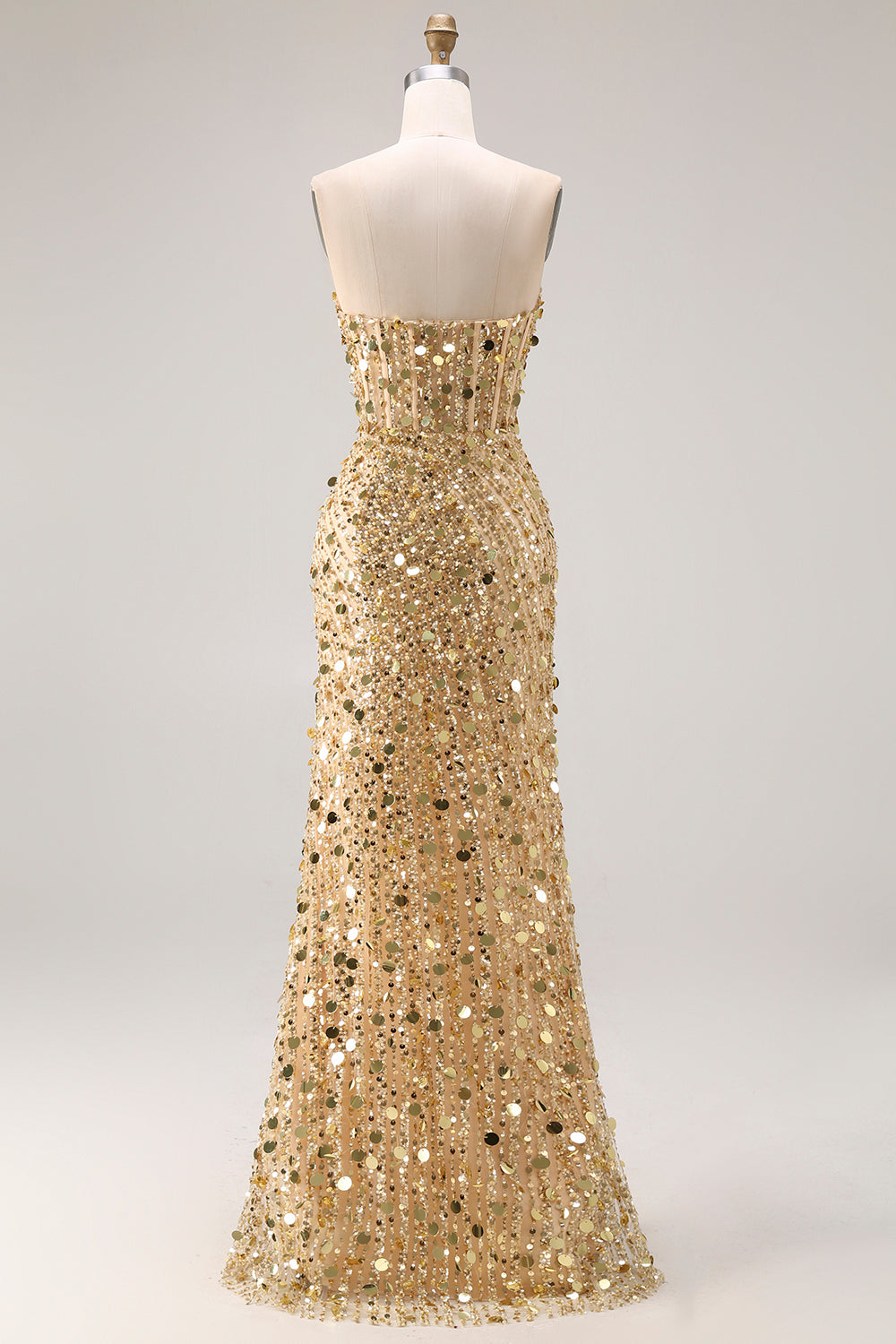 Sparkly Golden Sequin Sweetheart Maxi Corset Prom Dress with Slit