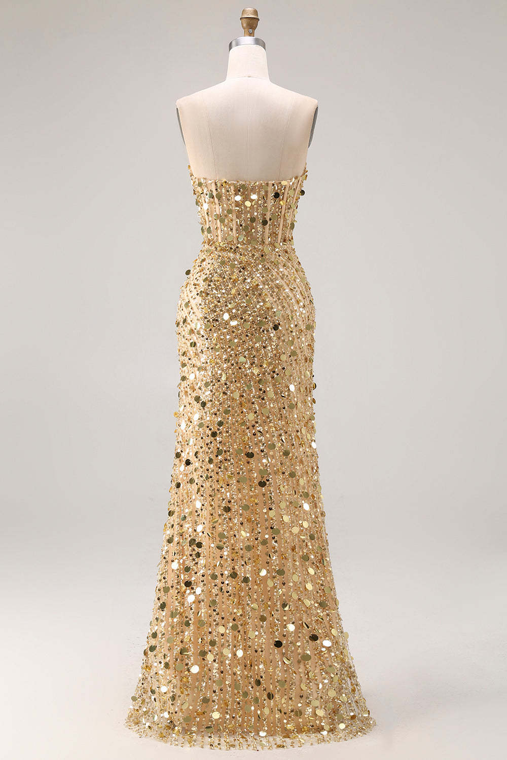 Sparkly Golden Sequin Sweetheart Maxi Corset Prom Dress with Slit