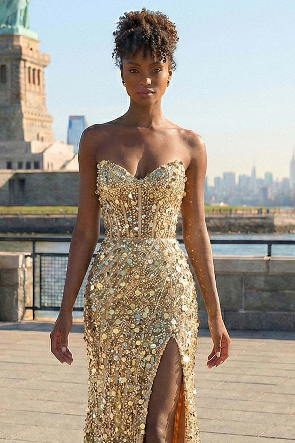 Sparkly Golden Sequin Sweetheart Maxi Corset Prom Dress with Slit