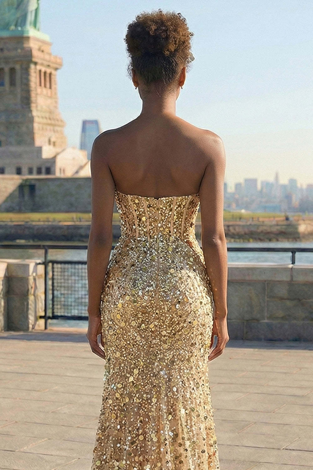 Sparkly Golden Sequin Sweetheart Maxi Corset Prom Dress with Slit