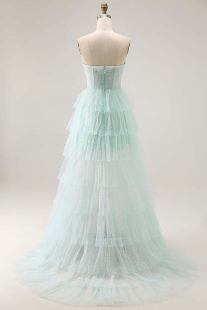 Light Green Tiered Sweetheart Long Prom Dress with Slit