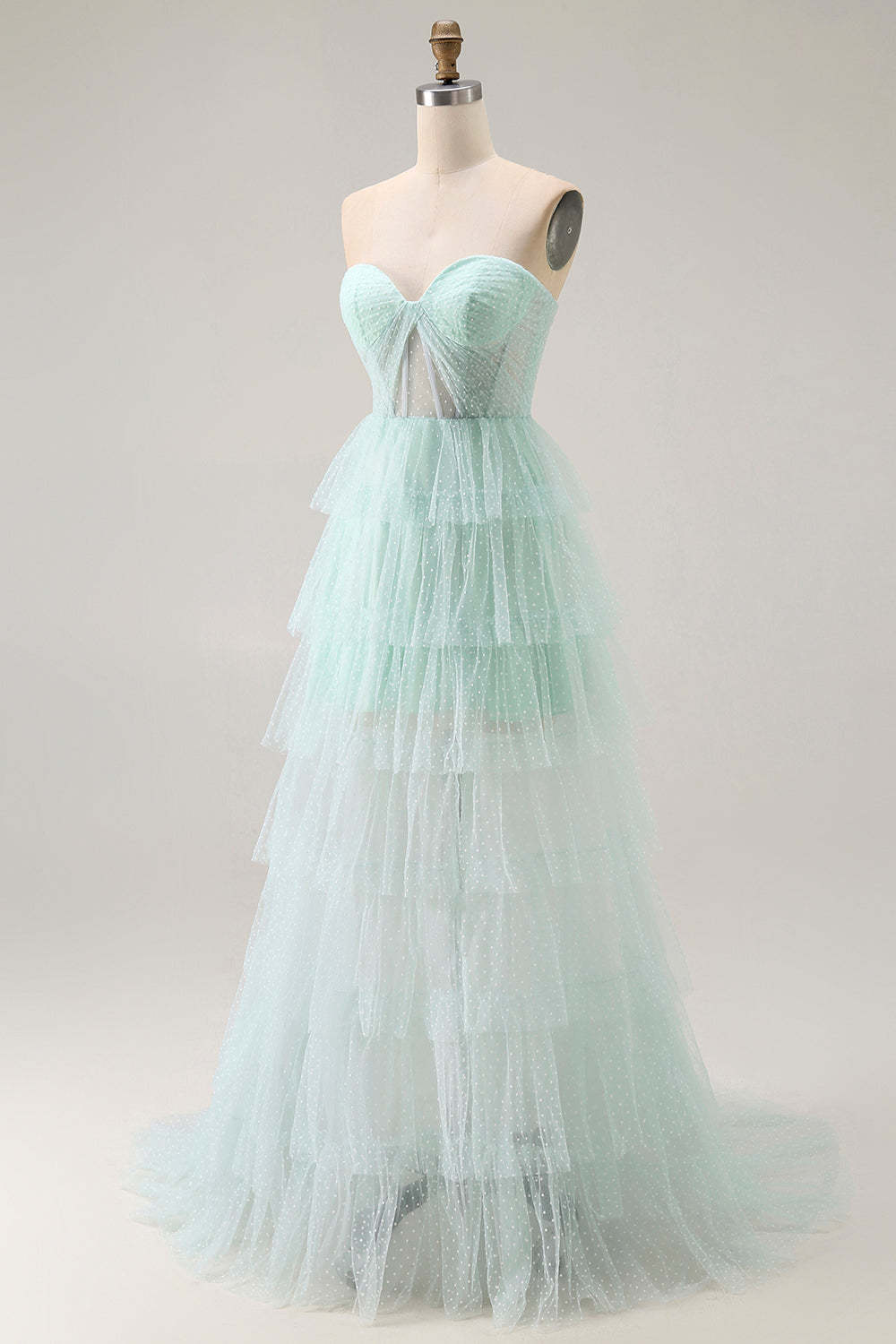Light Green Tiered Sweetheart Long Prom Dress with Slit