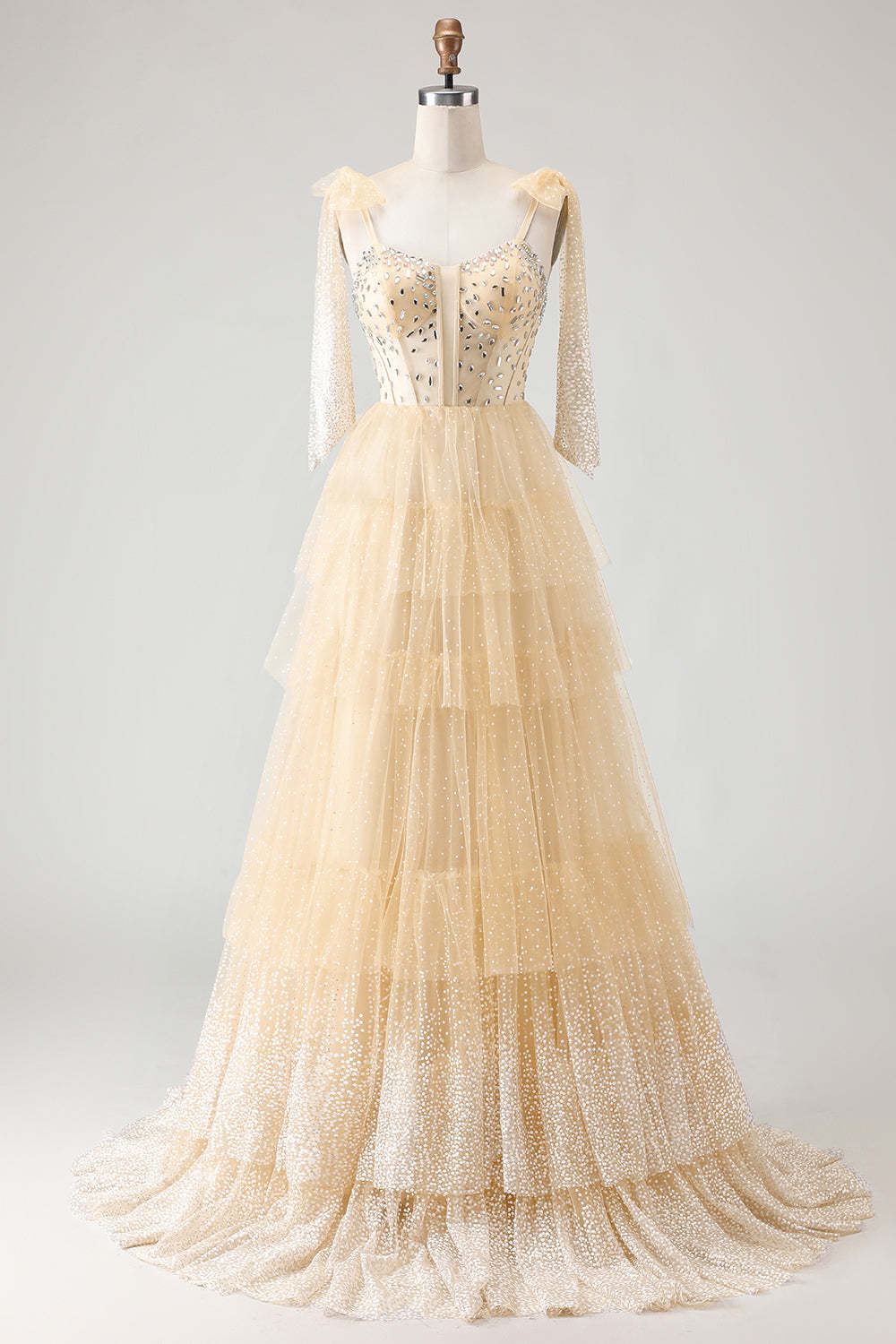 Sparkly Pink Polka Dots Tiered Tulle Long Corset Prom Dress with Beading