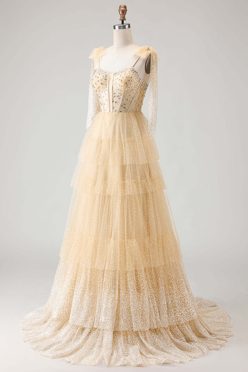 Sparkly Pink Polka Dots Tiered Tulle Long Corset Prom Dress with Beading