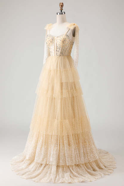 Sparkly Pink Polka Dots Tiered Tulle Long Corset Prom Dress with Beading