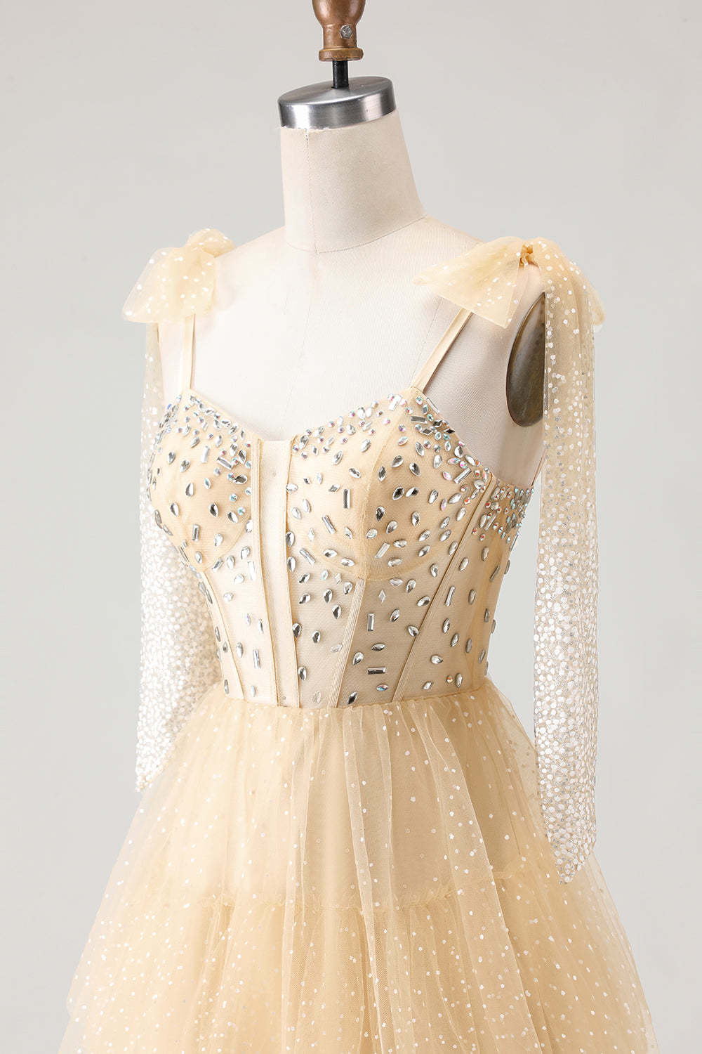 Sparkly Pink Polka Dots Tiered Tulle Long Corset Prom Dress with Beading