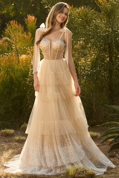 Sparkly Champagne Ruffled Beaded Tiered Maxi Corset Prom Dress with Bows