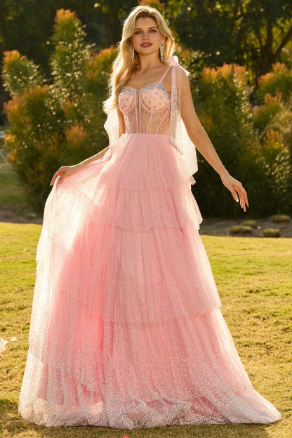 Sparkly Pink Ruffled Beaded Tiered Maxi Corset Prom Dress with Bows