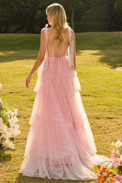 Sparkly Pink Ruffled Beaded Tiered Maxi Corset Prom Dress with Bows